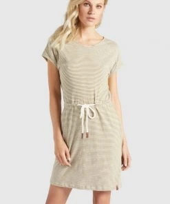 Khujo ANNEMARIE - Vestito Di Maglina - Weiß-ocker Gestreift, Donna